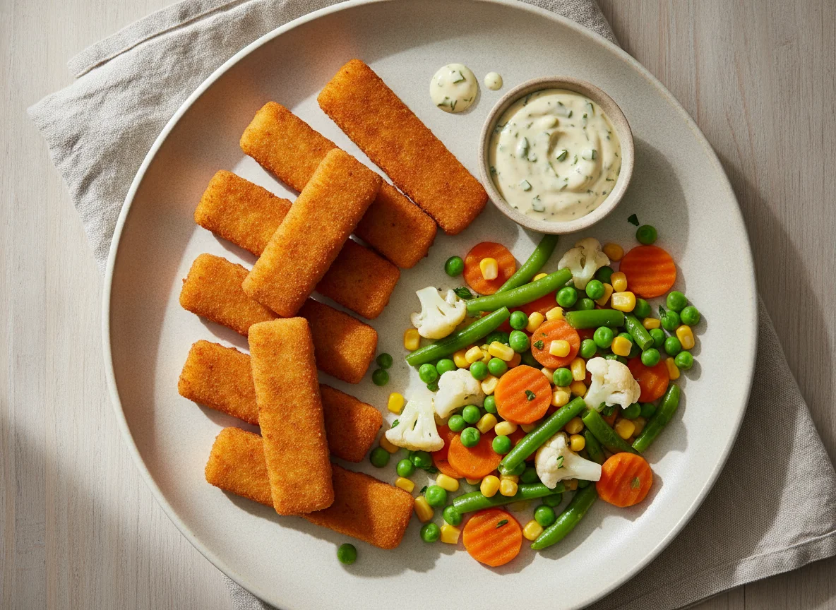 Fischstäbchen mit Mischgemüse und Remoulade photo