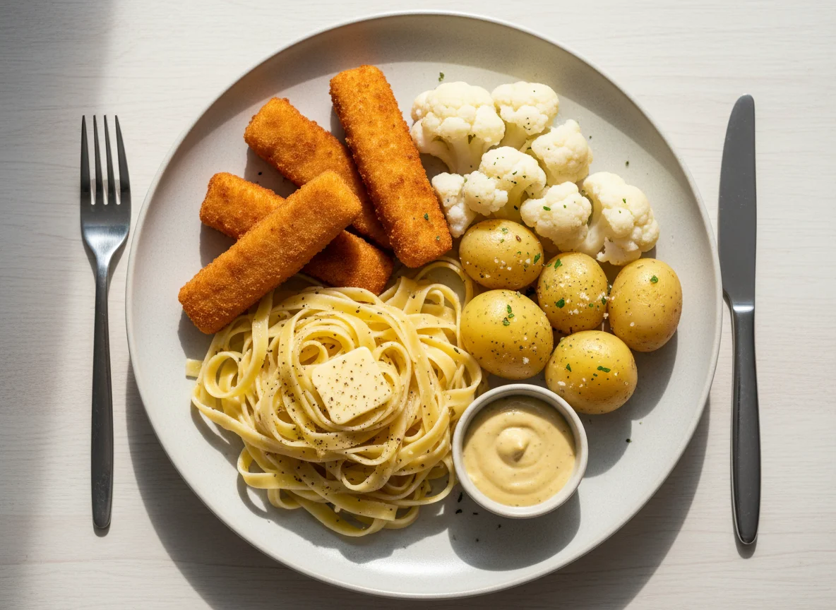 Fischstäbchen mit Nudeln, Kartoffeln und Blumenkohl photo