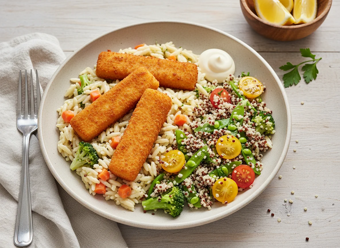 Fischstäbchen mit Orzo-Reis, Gemüse und Quinoa-Salat photo
