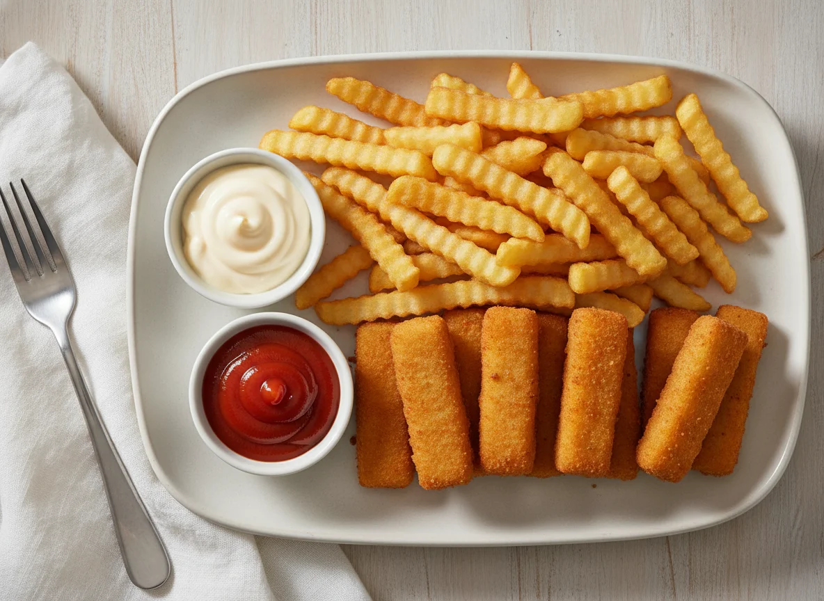 Fischstäbchen mit Pommes frites, Mayonnaise und Ketchup photo