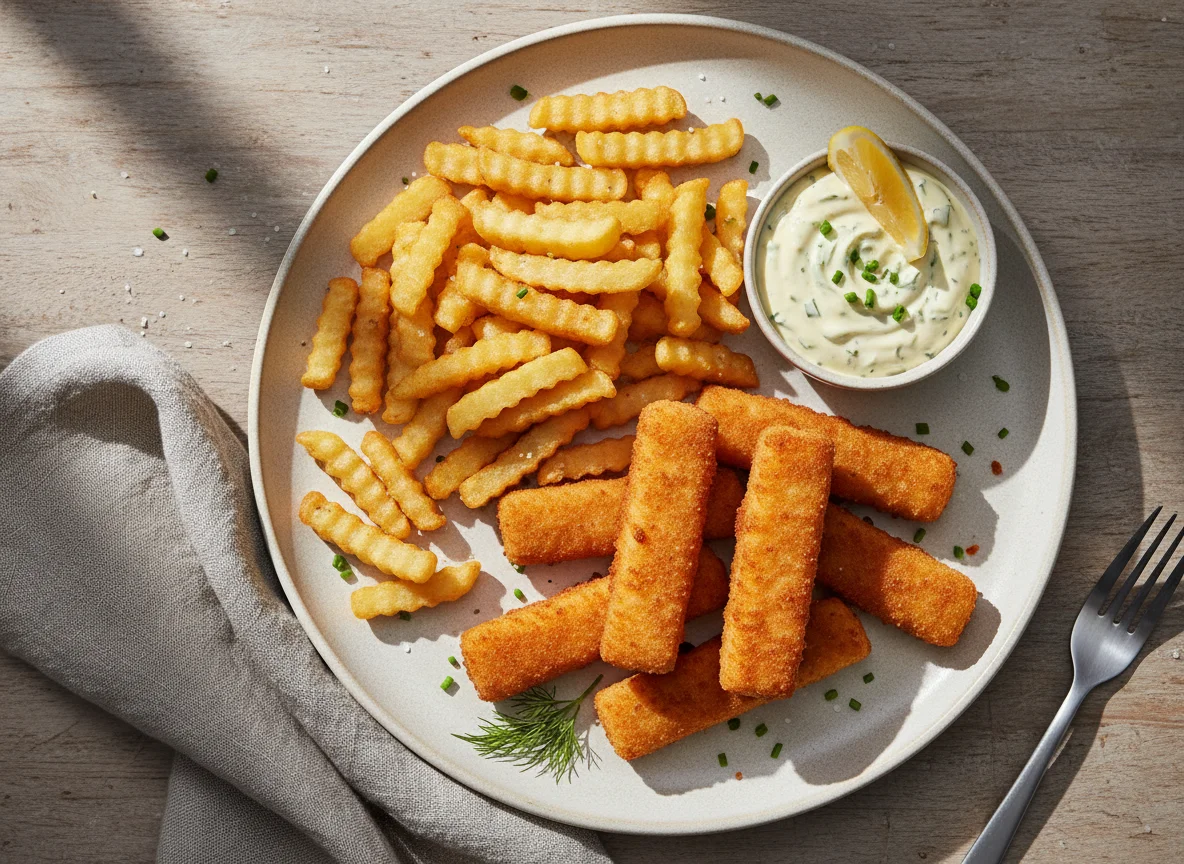 Fischstäbchen mit Pommes Frites und Remoulade photo