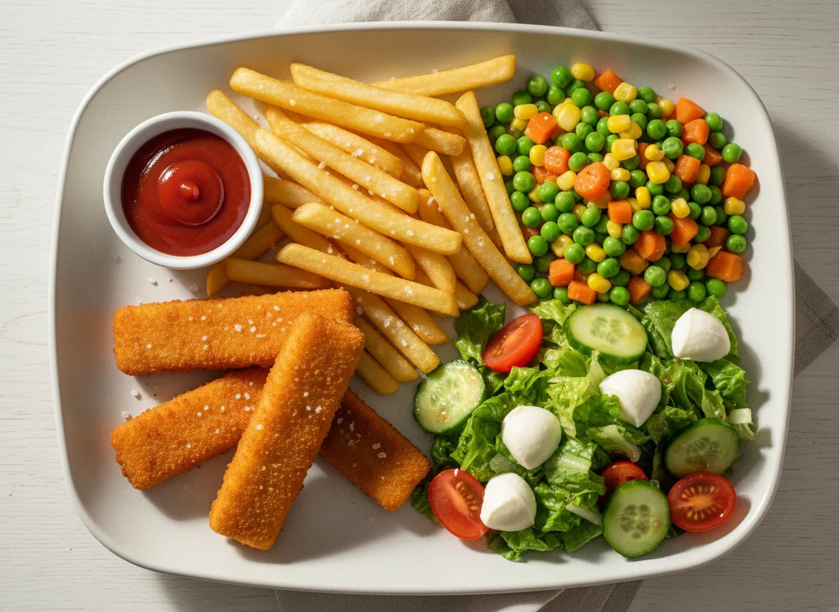 Fischstäbchen mit Pommes, Gemüse und Salat photo