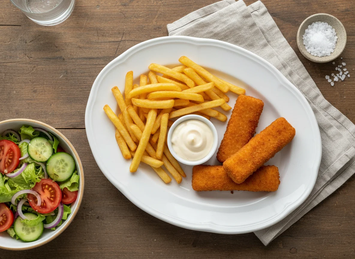 Fischstäbchen mit Pommes und Salat photo
