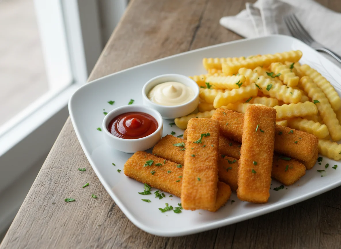 Fischstäbchen mit Pommes und Saucen photo