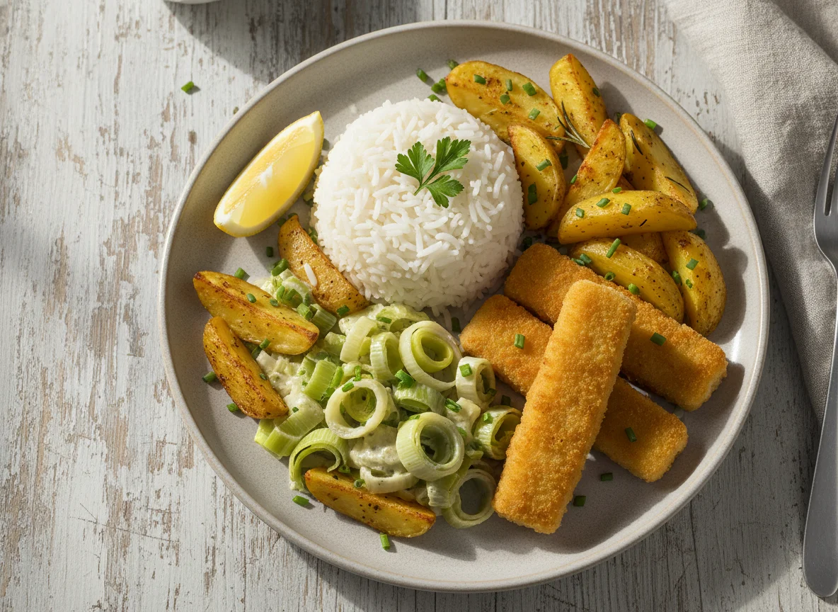 Fischstäbchen mit Reis, Kartoffelspalten und Lauchgemüse photo