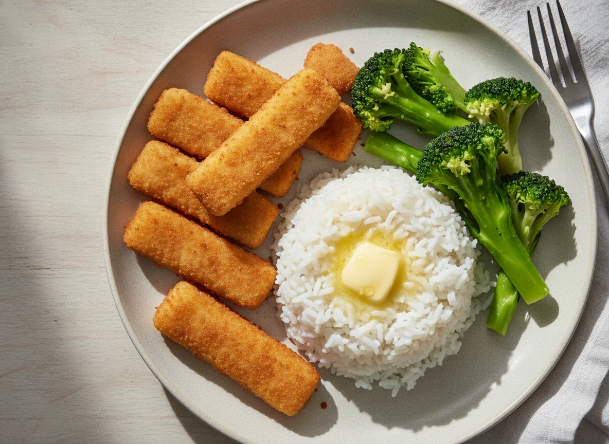 Fischstäbchen mit Reis und Brokkoli photo