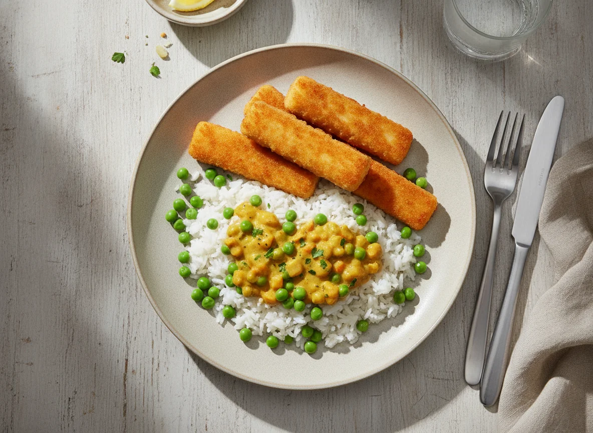 Fischstäbchen mit Reis und Erbsen photo