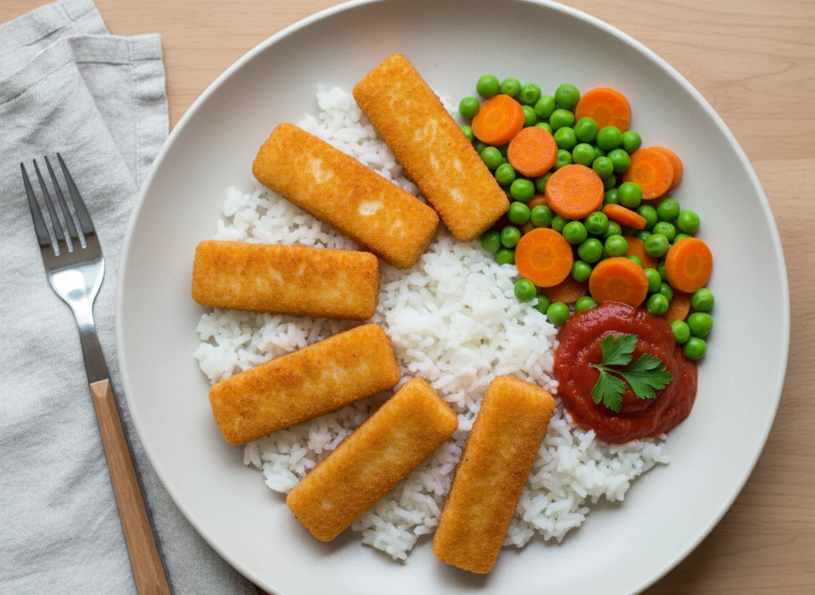 Fischstäbchen mit Reis und Gemüse photo