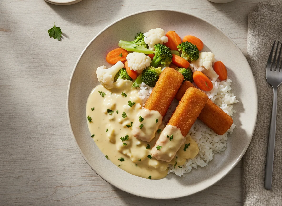Fischstäbchen mit Reis und Gemüse in Soße photo