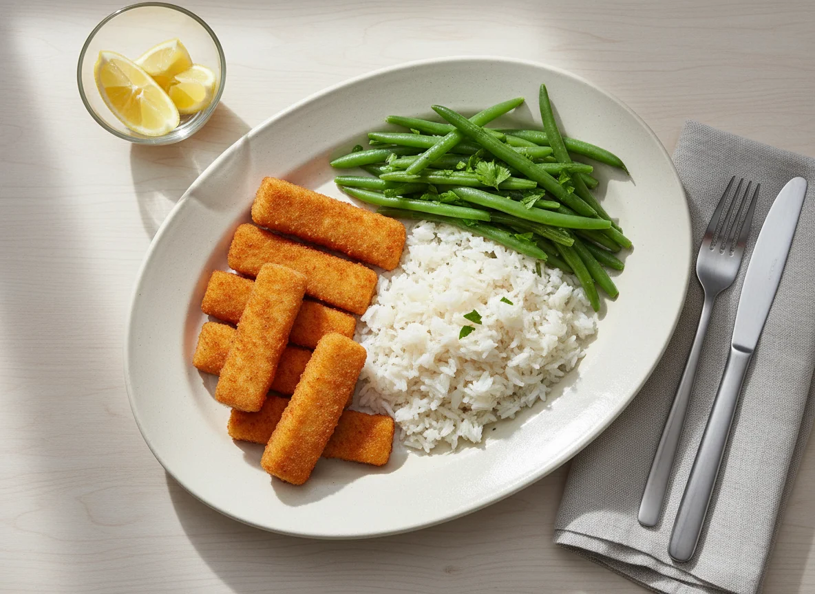 Fischstäbchen mit Reis und grünen Bohnen photo