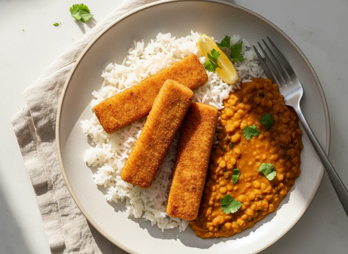 Fischstäbchen mit Reis und Linsencurry photo