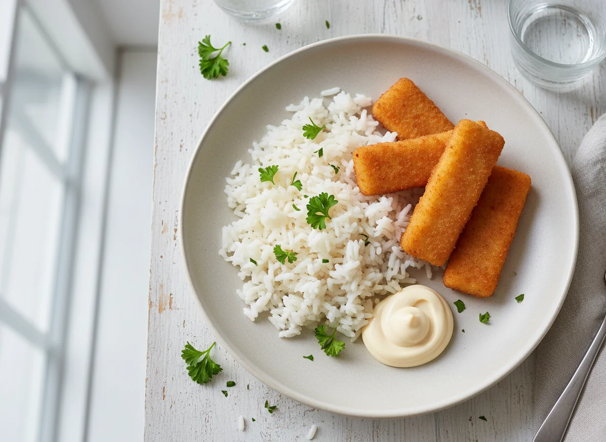 Fischstäbchen mit Reis und Mayonnaise photo