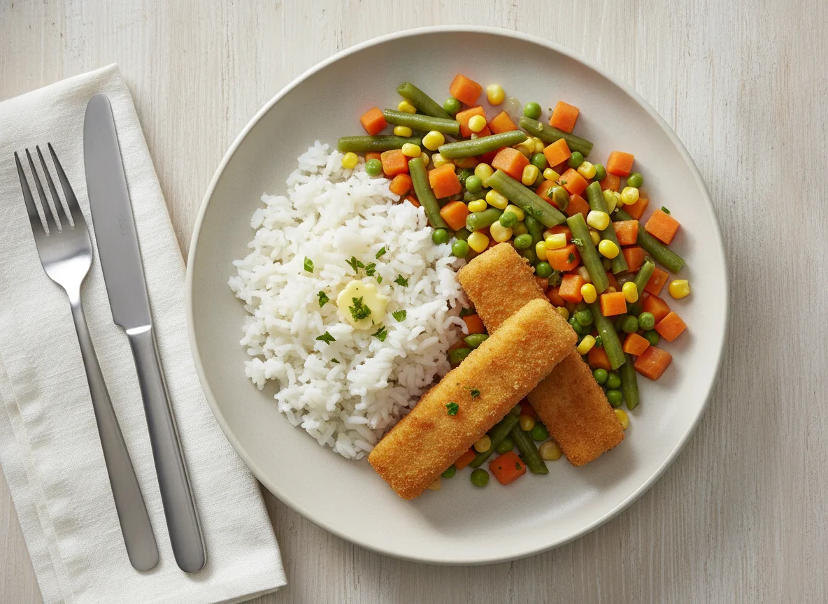 Fischstäbchen mit Reis und Mischgemüse photo