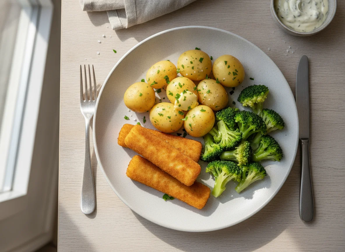 Fischstäbchen mit Salzkartoffeln und Brokkoli photo