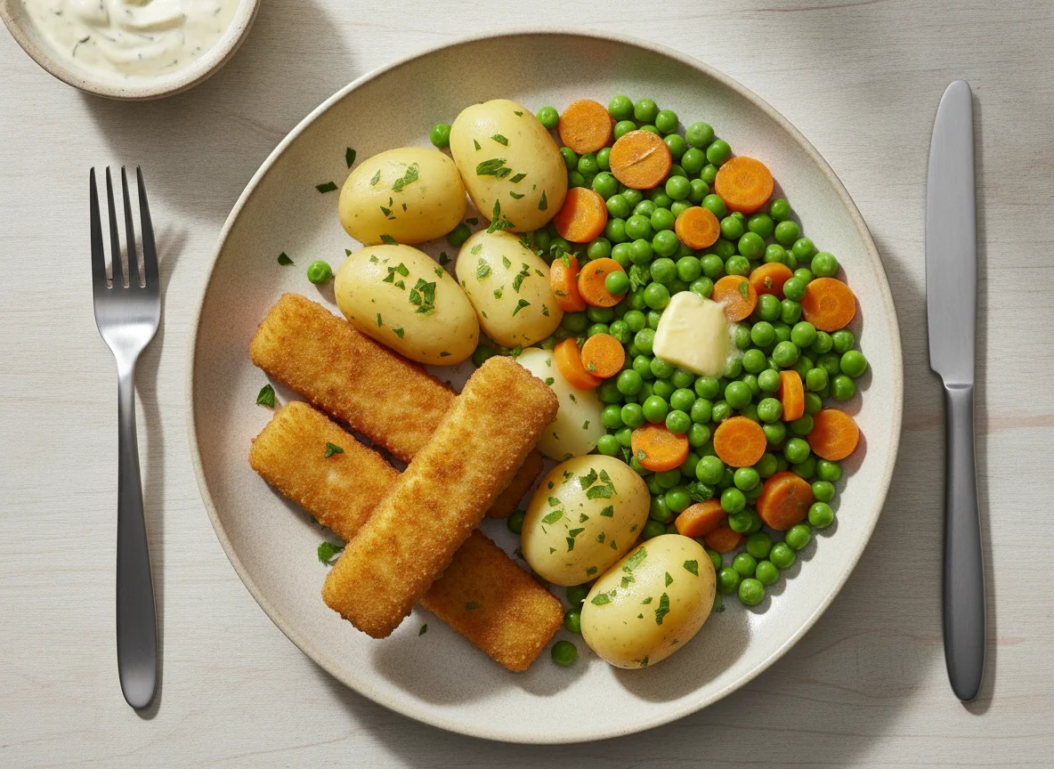 Fischstäbchen mit Salzkartoffeln und Erbsen-Möhren-Gemüse photo