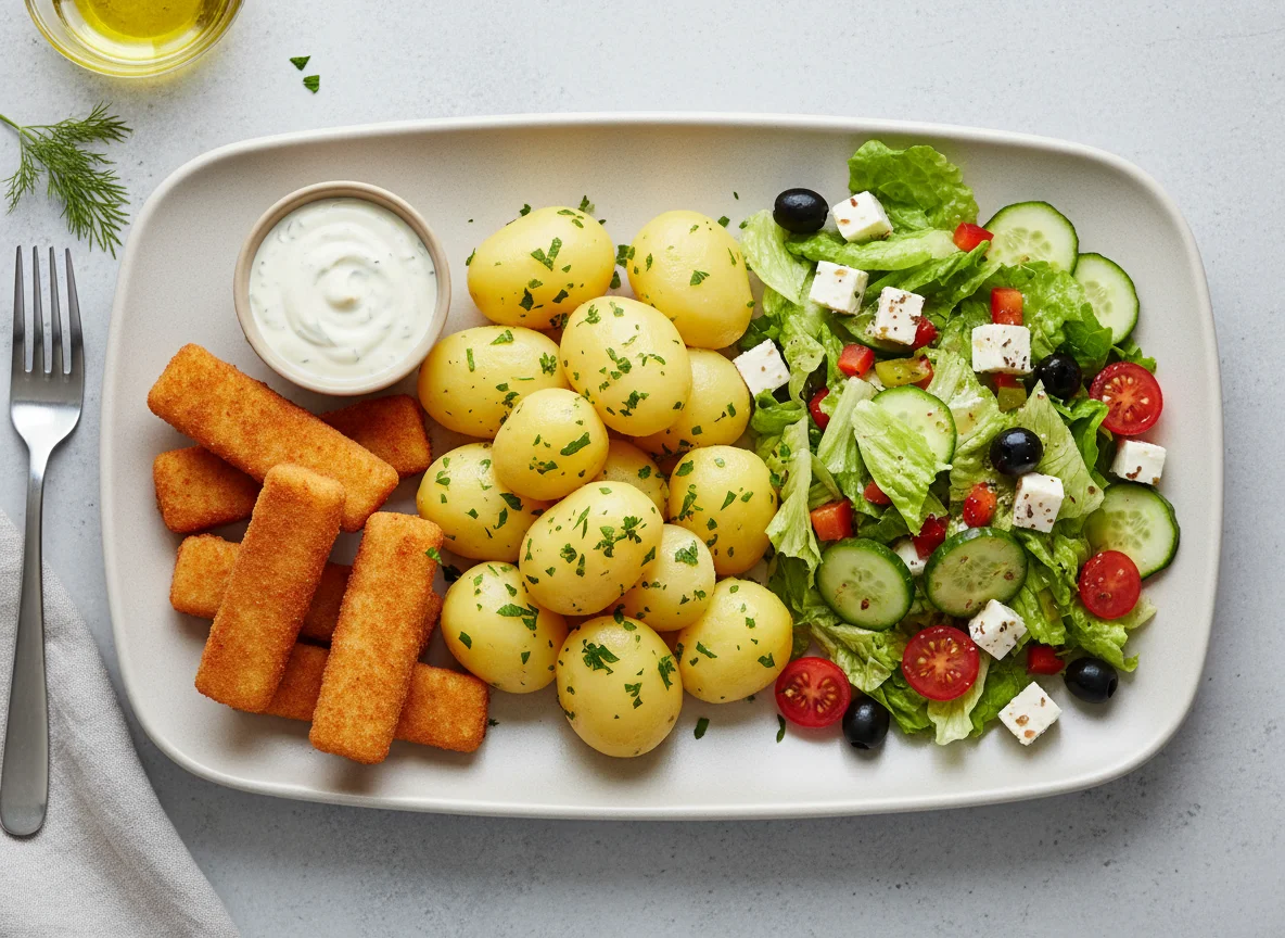 Fischstäbchen mit Salzkartoffeln und gemischtem Salat photo