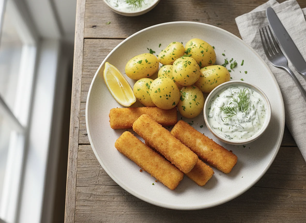 Fischstäbchen mit Salzkartoffeln und Gurken-Dill-Dip photo