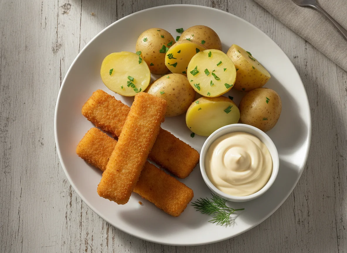 Fischstäbchen mit Salzkartoffeln und Mayonnaise photo