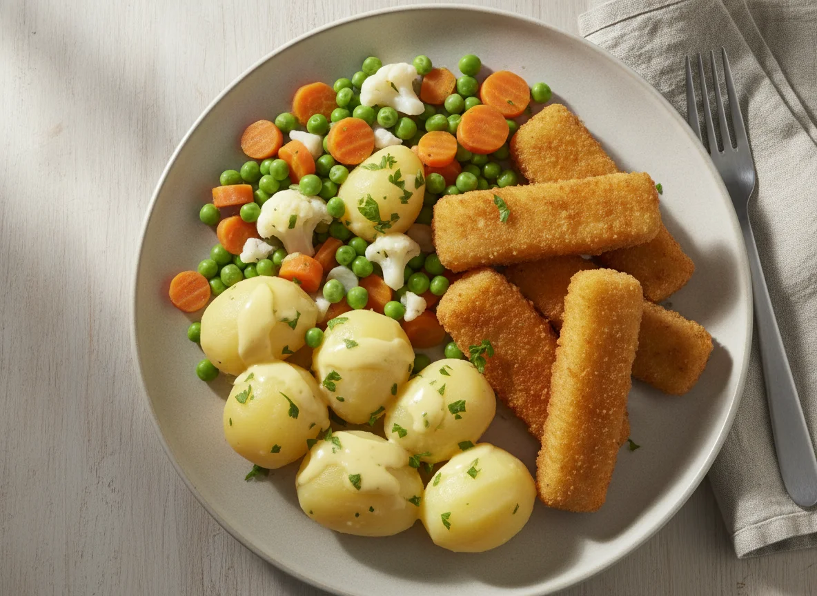 Fischstäbchen mit Salzkartoffeln und Mischgemüse photo