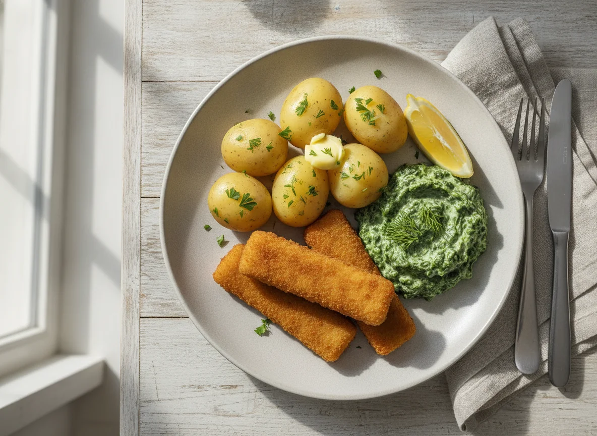 Fischstäbchen mit Salzkartoffeln und Rahmspinat photo