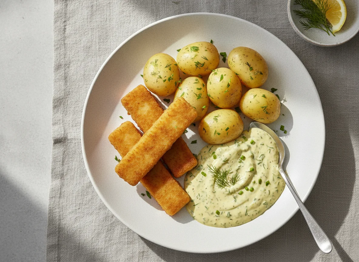 Fischstäbchen mit Salzkartoffeln und Senfsauce photo