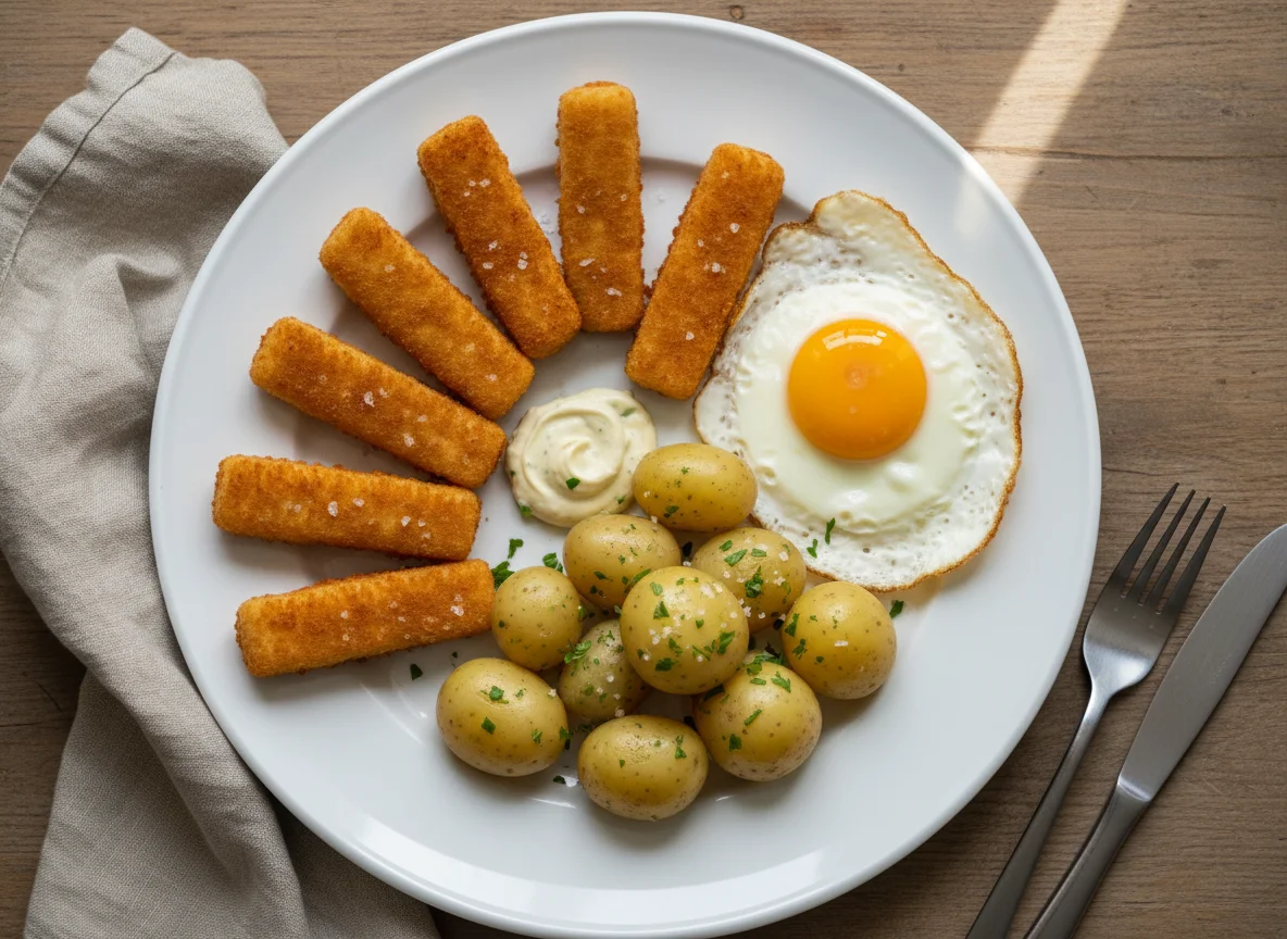 Fischstäbchen mit Salzkartoffeln und Spiegelei photo