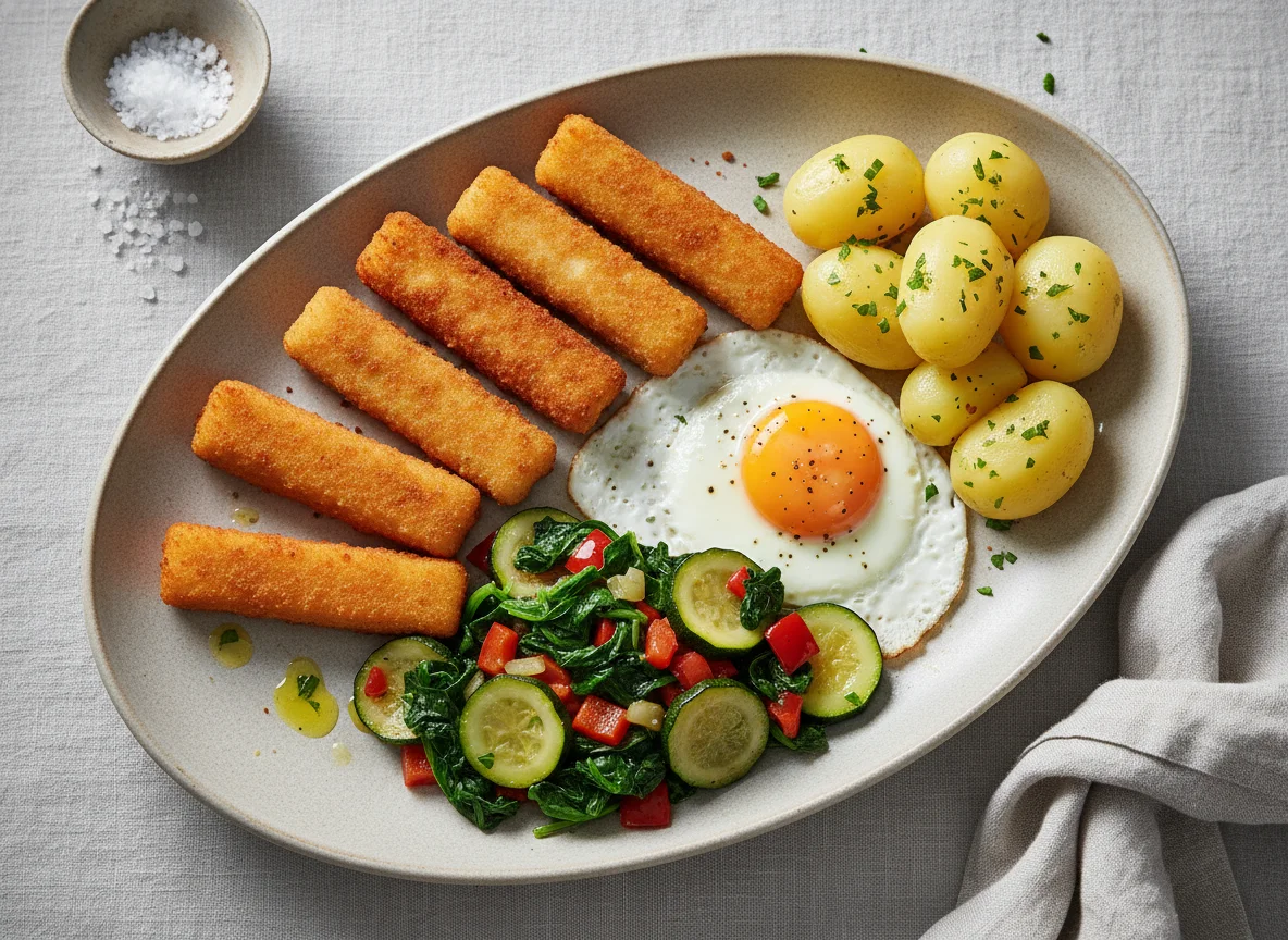 Fischstäbchen mit Spiegelei, Kartoffeln und Gemüse photo