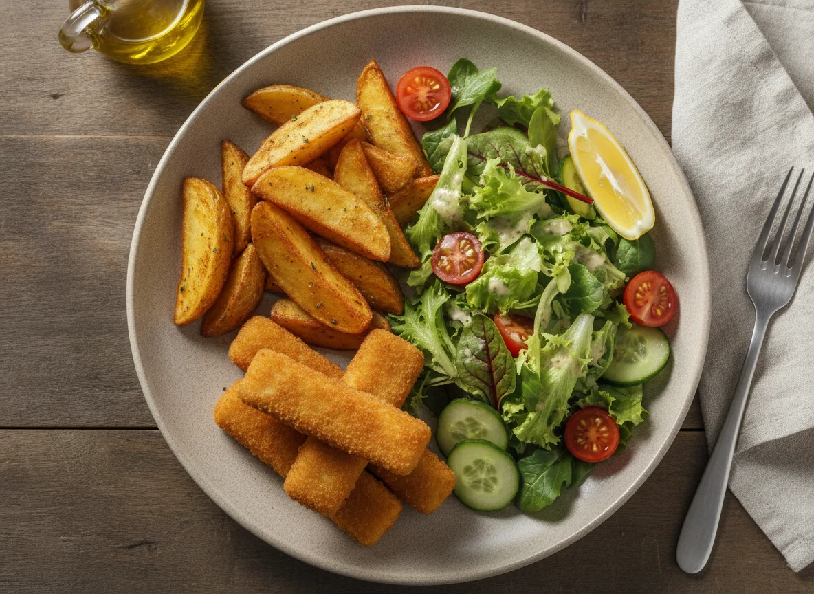 Fischstäbchen mit Wedges und Salat photo