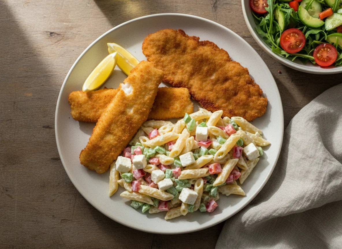 Fischstäbchen oder Schnitzel mit Nudelsalat und Beilagensalat photo
