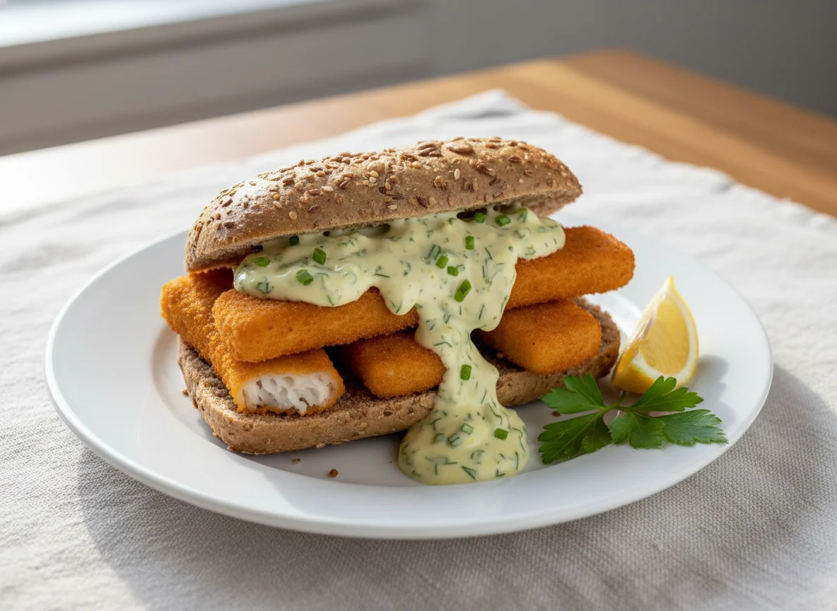 Fischstäbchen-Brötchen mit Remoulade photo