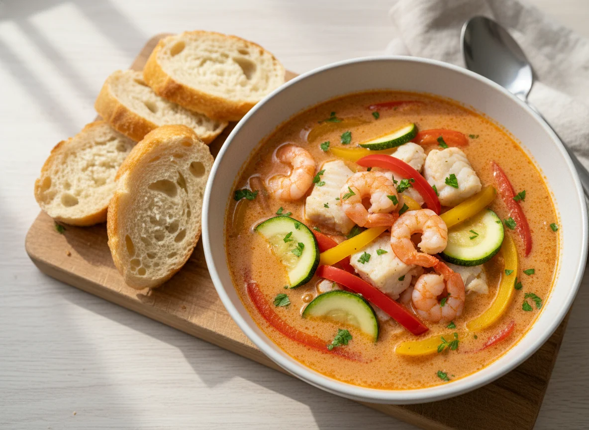 Fischsuppe mit Baguette photo