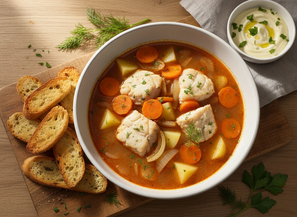 Fischsuppe mit Brot und Aioli photo