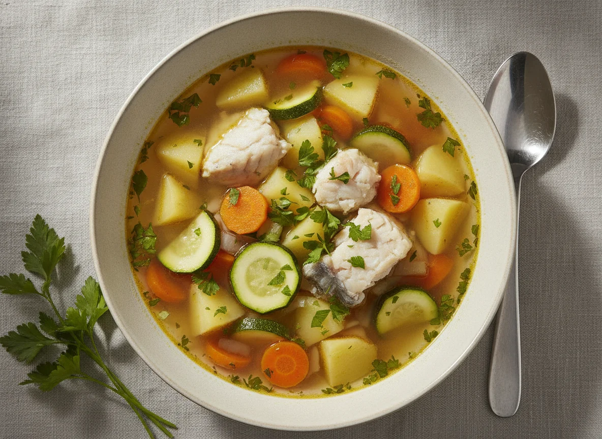 Fischsuppe mit Kartoffeln und Gemüse photo