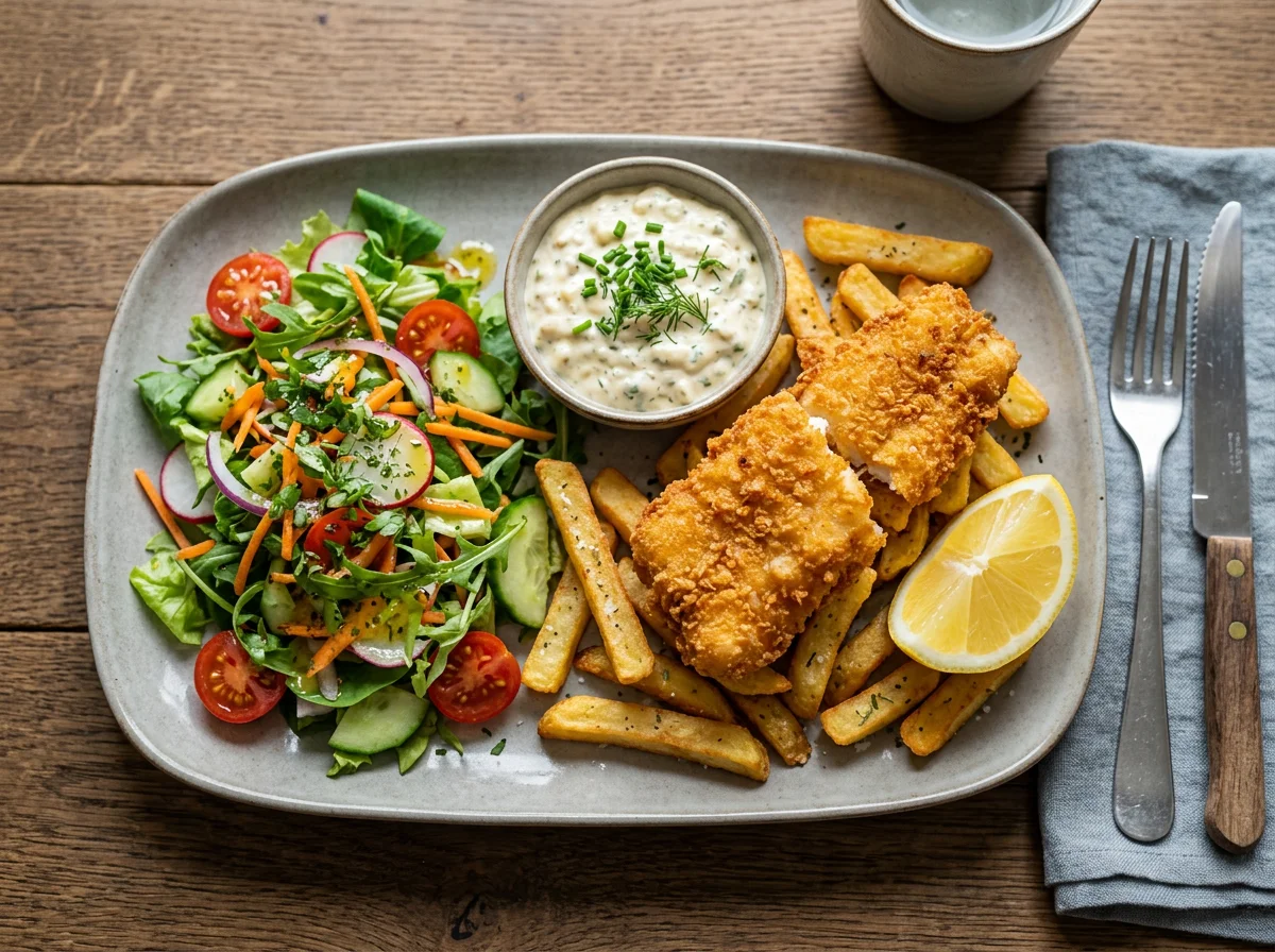 Fish and Chips mit Beilagensalat photo