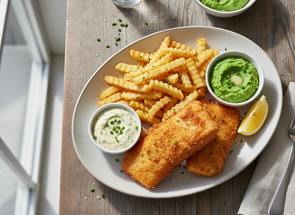 Fish and Chips mit Erbsen und Remoulade photo