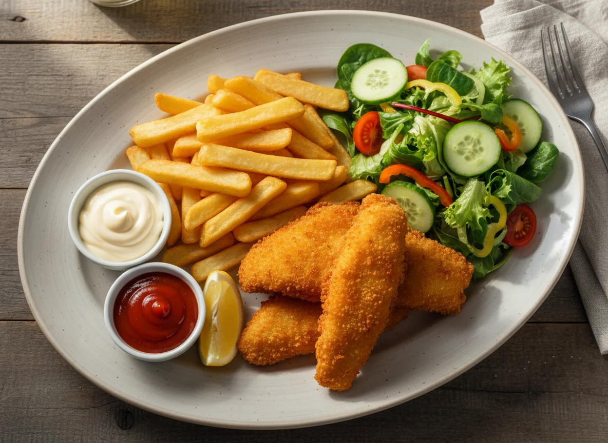 Fish and Chips mit Salat und Saucen photo
