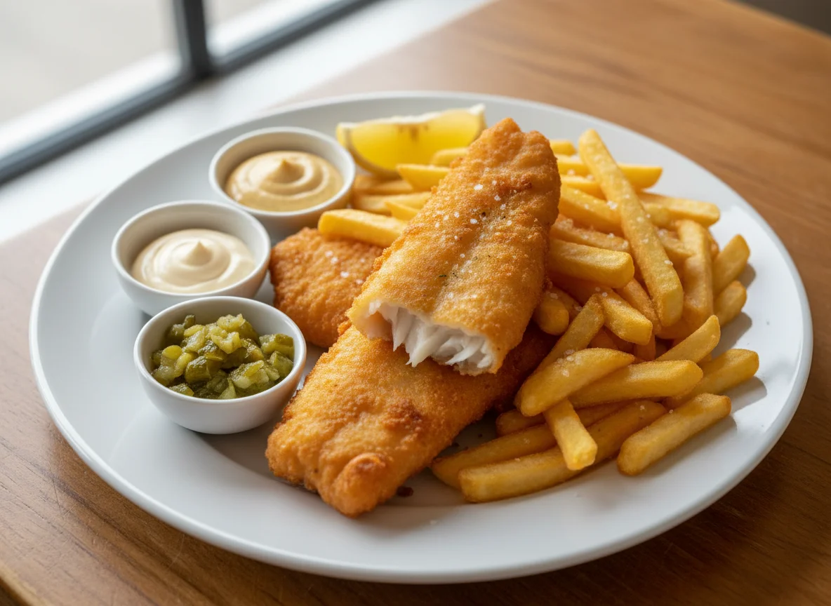 Fish and Chips mit Saucen photo