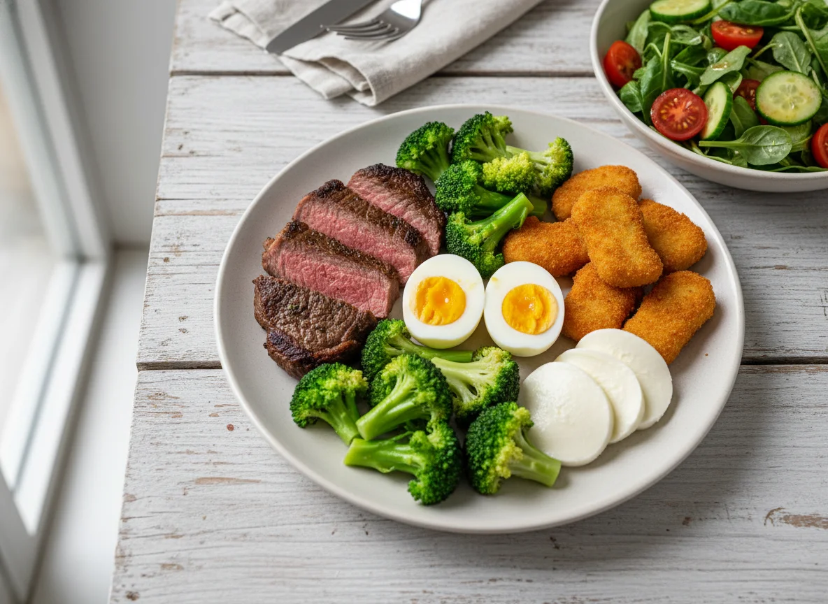 Fitness-Teller mit Fleisch, Eiern und Gemüse photo
