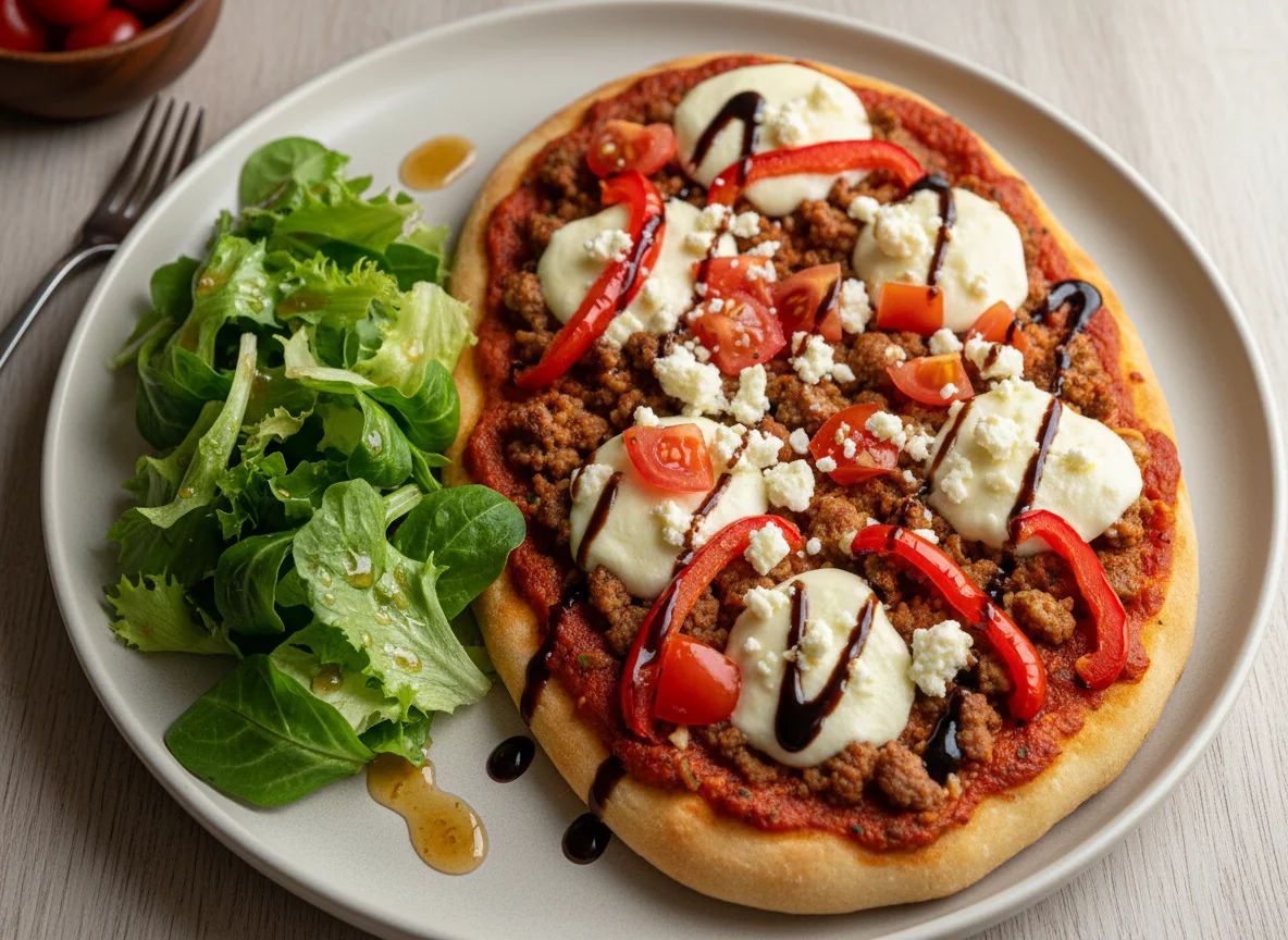 Fladenbrot mit Belag und Salat photo