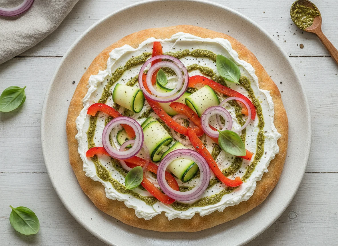 Fladenbrot mit Frischkäse, Pesto und Gemüse photo