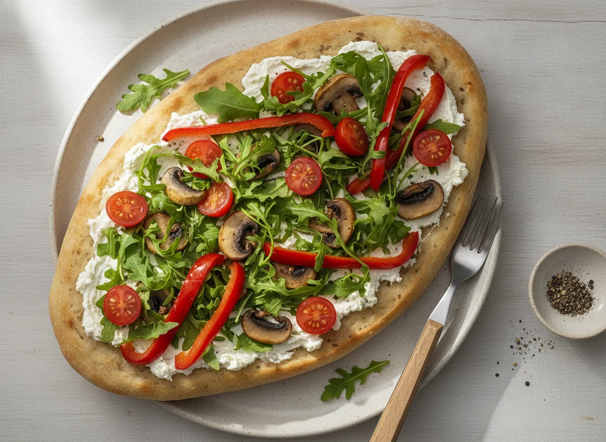 Fladenbrot mit Frischkäse, Rucola und Pilzen photo