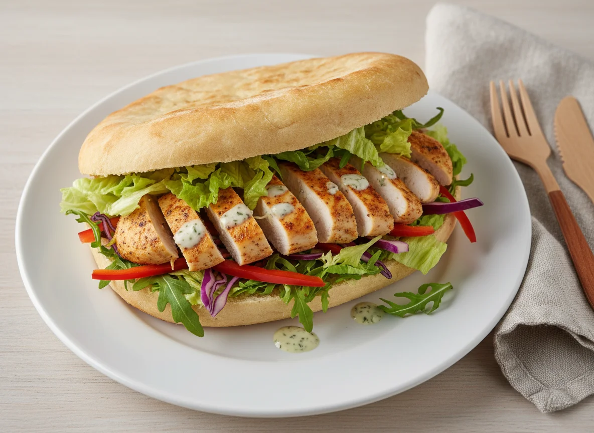 Fladenbrot mit Hähnchen und Salat photo