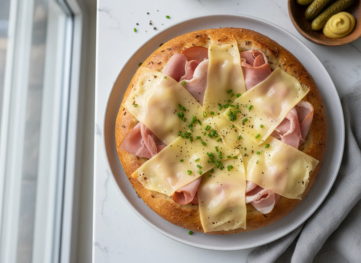 Fladenbrot mit Käse und Schinken photo