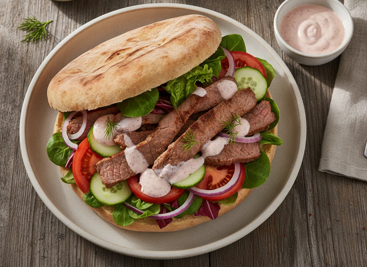 Fladenbrot mit magerem Fleisch und Salat photo