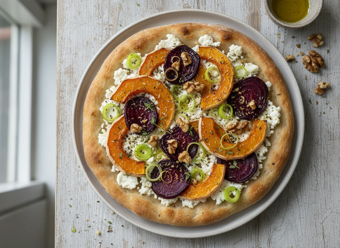 Fladenbrot mit Roter Bete, Ziegenkäse und Walnüssen sowie Lauch und Kürbis photo