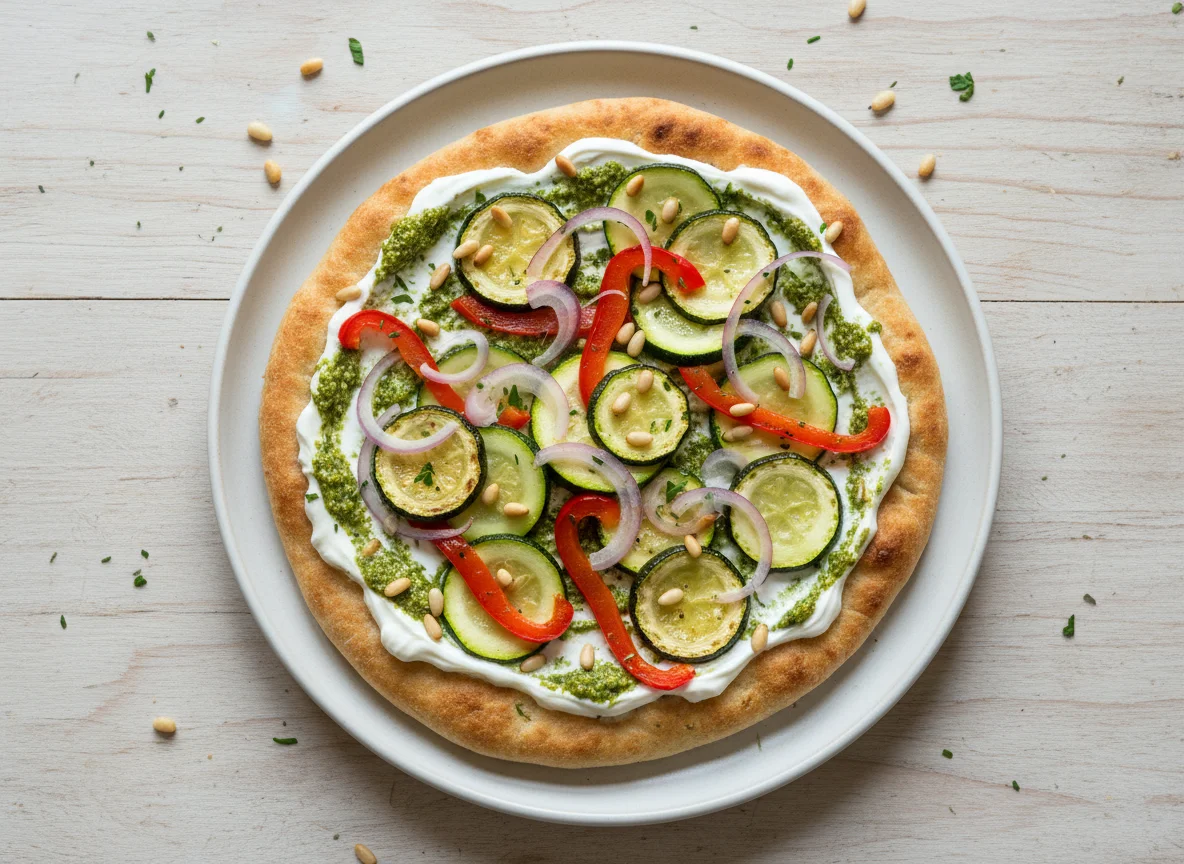 Fladenbrot mit Sauerrahm und Gemüse photo