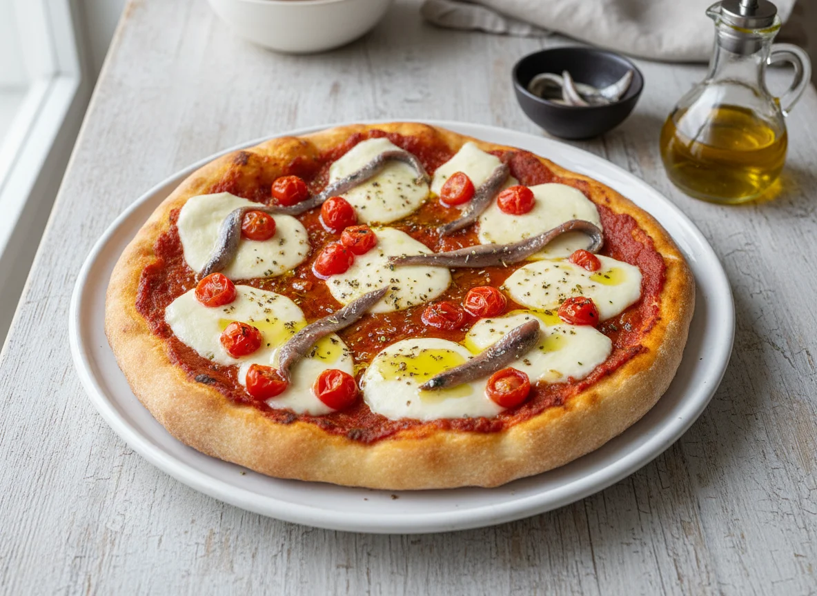 Fladenbrot mit Tomaten, Mozzarella und Sardellen photo