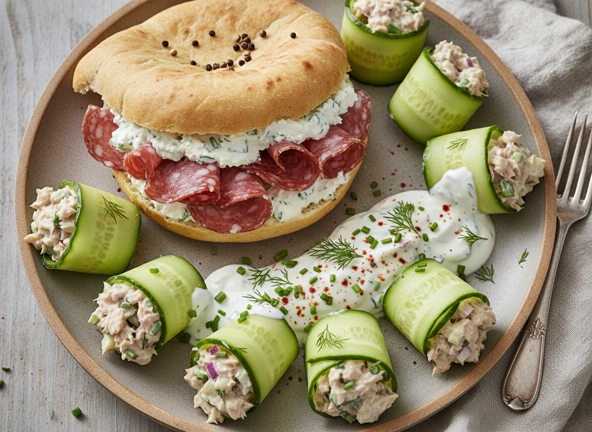 Fladenbrot mit Wurst und gefüllte Gurkenröllchen photo