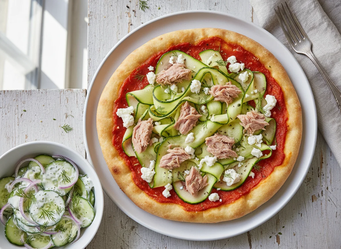 Fladenbrot mit Zucchini, Thunfisch und Feta mit Gurkensalat photo
