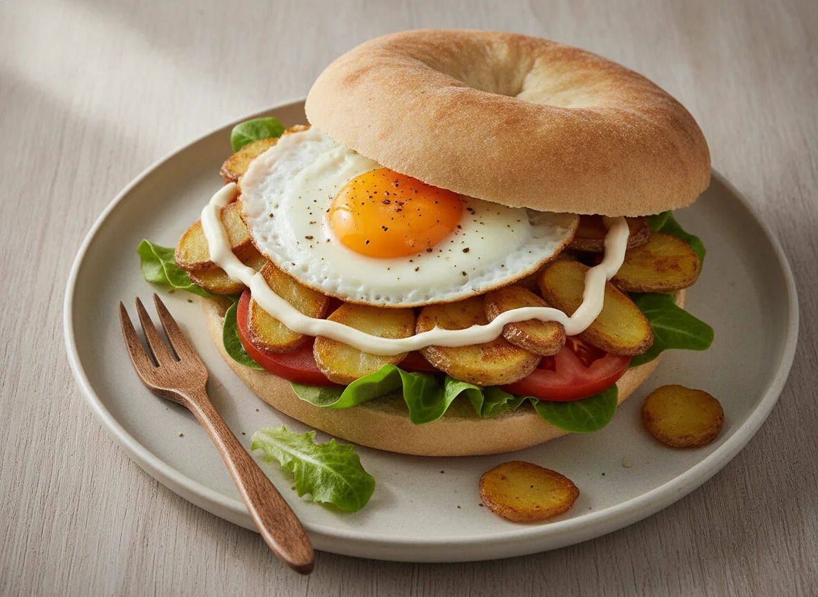 Fladenbrot-Sandwich mit Ei und Kartoffeln photo